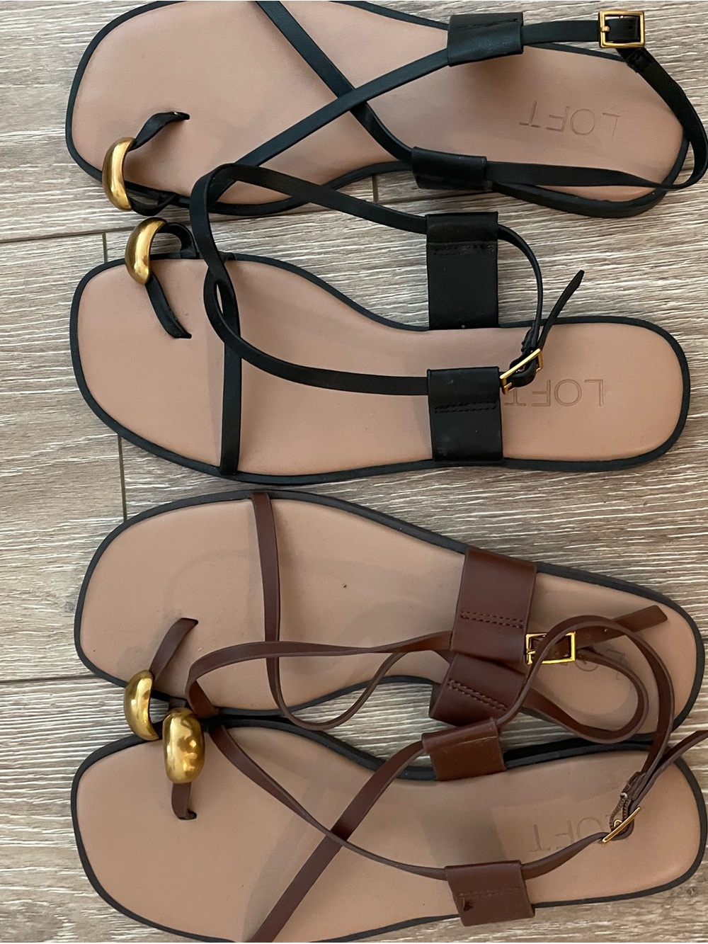 2 pair LOFT Black and Brown Strappy Sandals with Gold Hardware